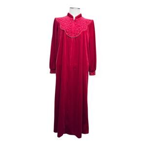 Vintage Jasmine Rose Half Zip Velour Robe House Coat Dress Red Medium